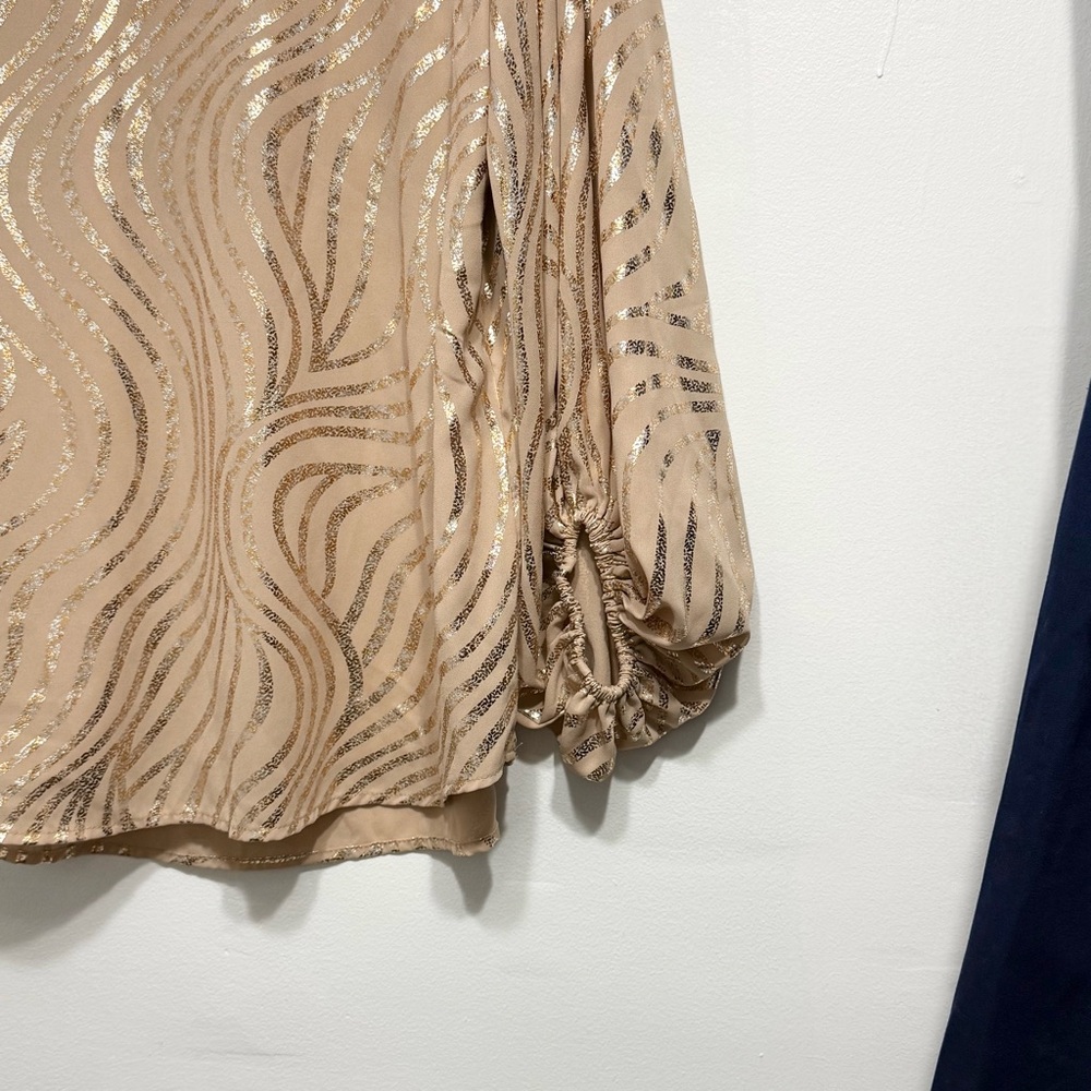 Gold Foil Ruched Sleeve Party Blouse V Neck ADRIENNE Size Small - Picture 5 of 6